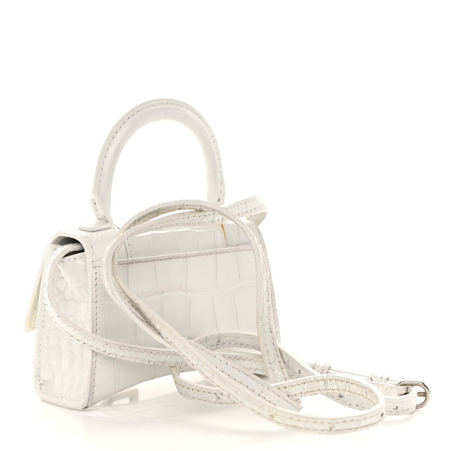 Balenciaga Shiny Calfskin Crocodile Embossed Hourglass Top Handle Bag XS White 4 of 12