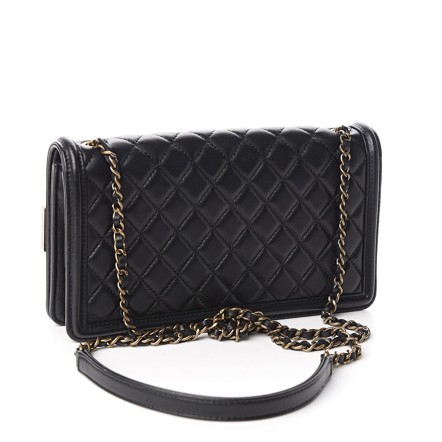 Lambskin Quilted Horizontal Boy Brick Studded Flap Black