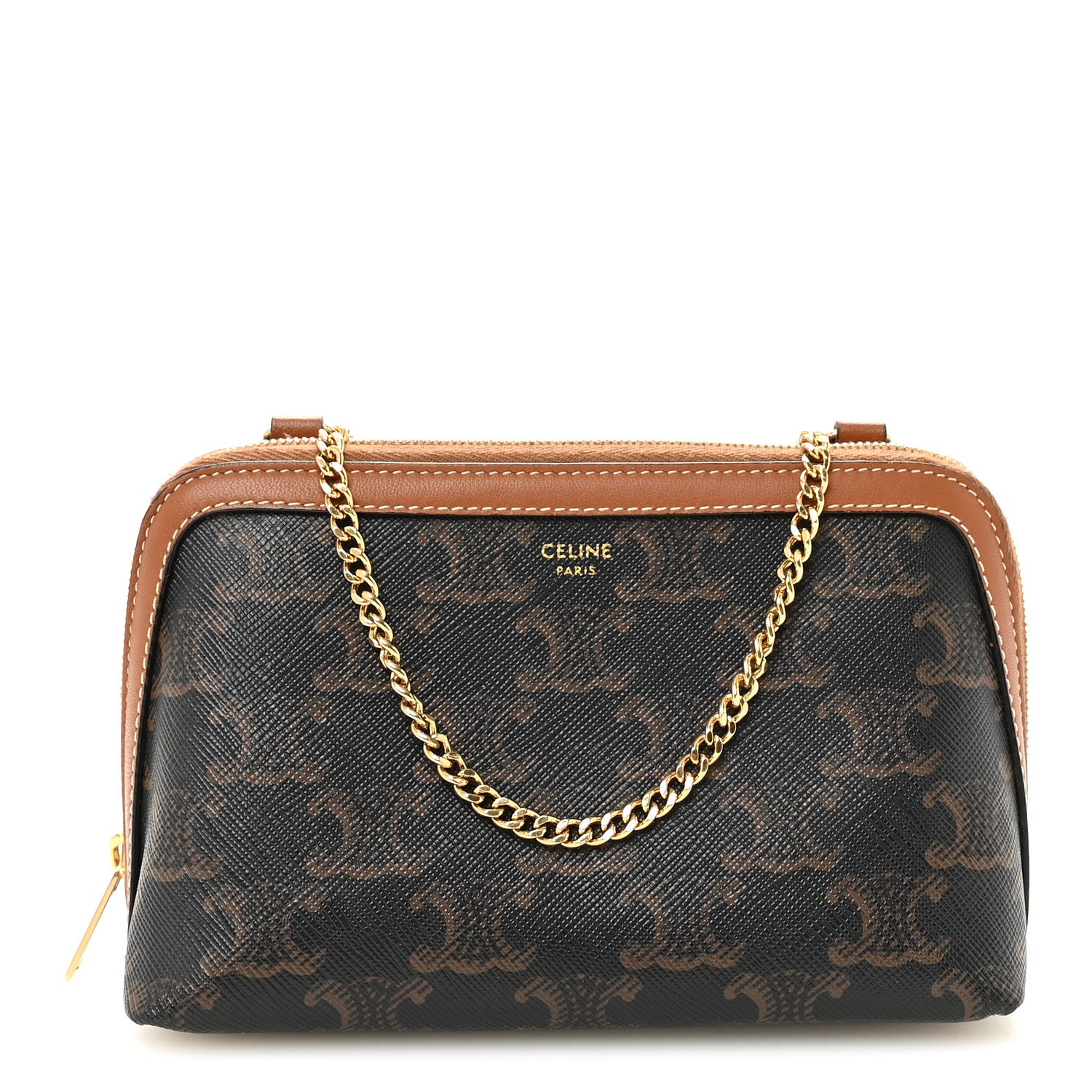 Celine Triomphe Canvas Lambskin Clutch On Chain Tan 1 of 9