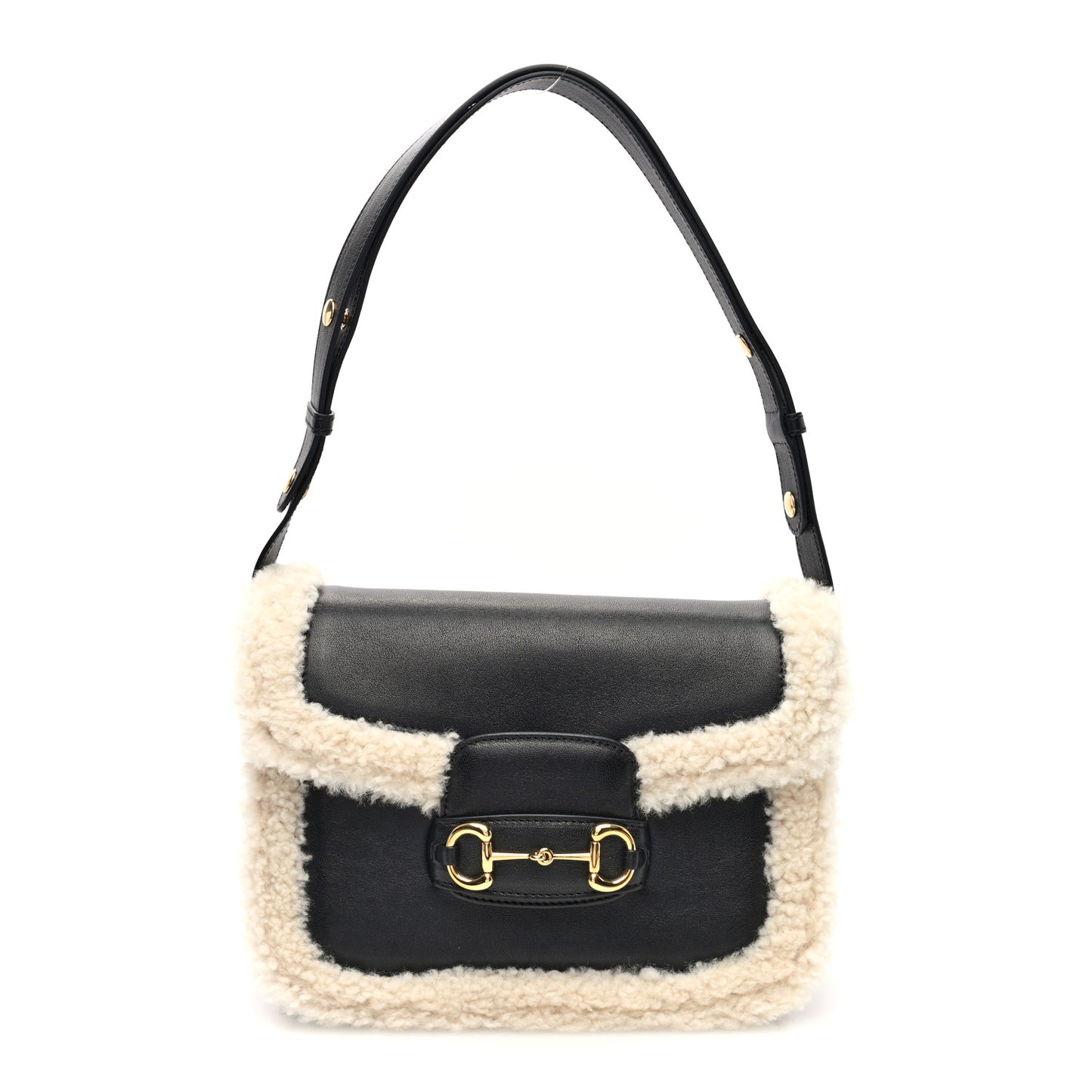 Sakai Be Green Calfskin Shearling Horsebit 1955 Shoulder Bag Black