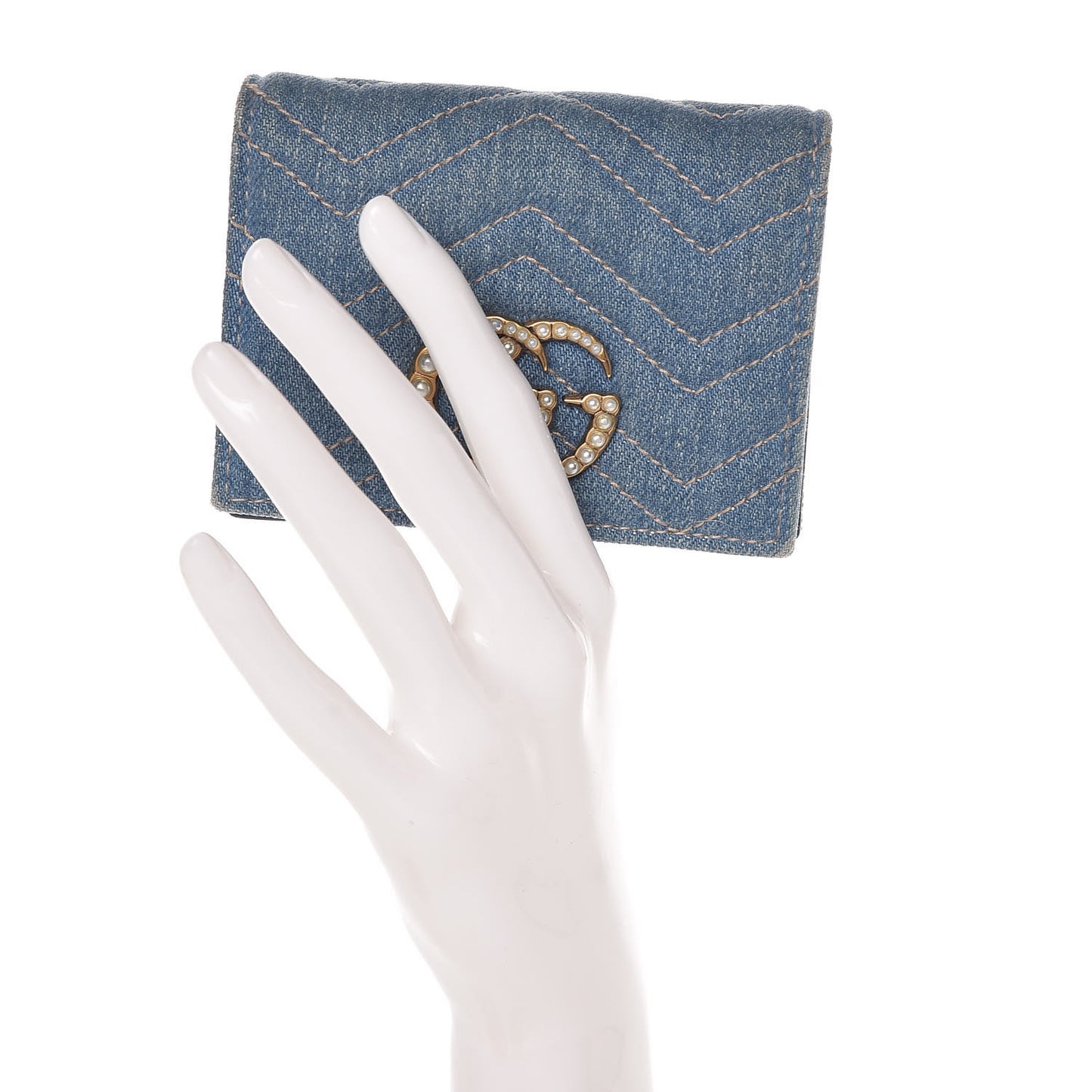 Denim Matelasse Pearly GG Marmont Card Case Wallet Blue