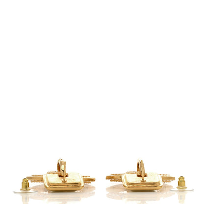 Chanel Crystal Pearl CC Square Drop Earrings Gold Pearly White 3 of 4