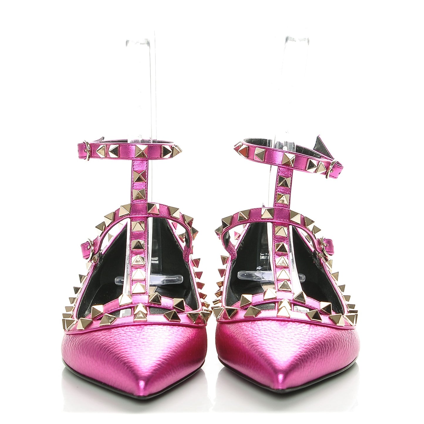 Metallic Pebbled Calfskin Rockstud Cage Ballerina Flats 38 Peony