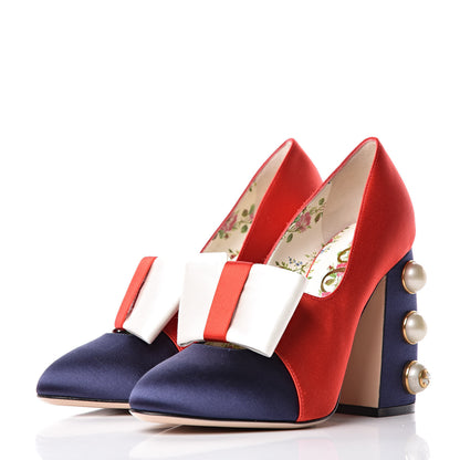 Gucci Silk Satin Pearl Studded Luna Bow Pumps 36.5 Navy Blue 3 of 11