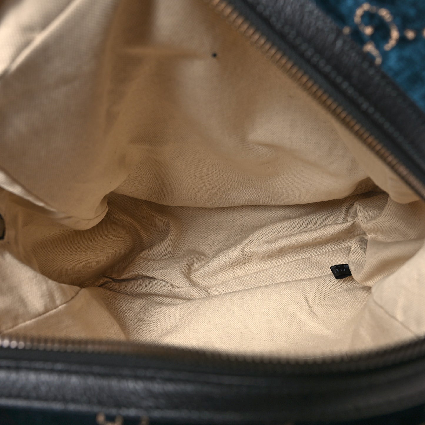 Velvet GG Monogram Textured Calfskin Web Small Double Buckle Backpack Blue Beige Black