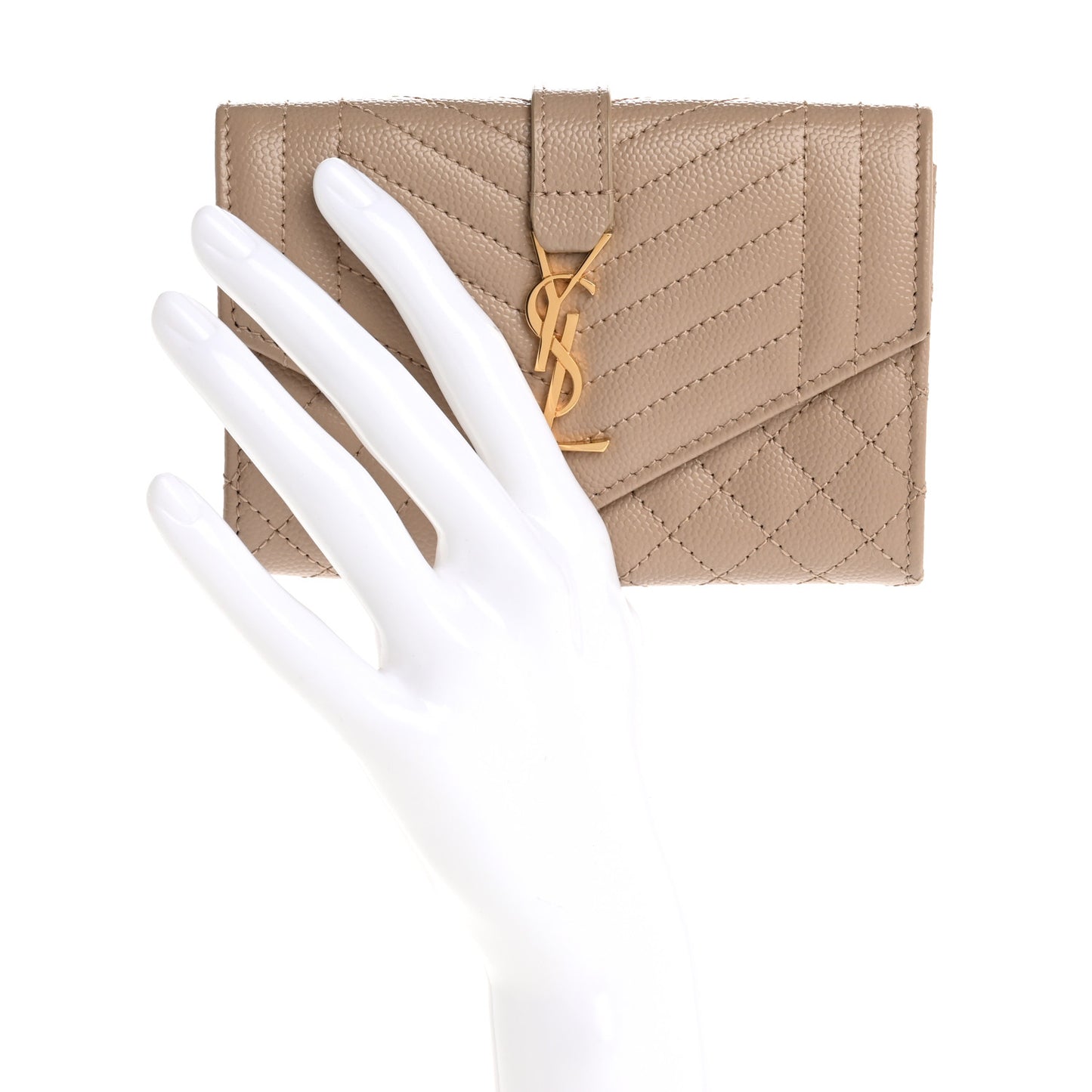 Grain De Poudre Textured Mixed Matelasse Triquilt Small Monogram Envelope Wallet Dark Beige