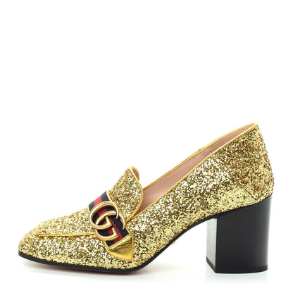 Gucci Glitter Nappa Web Peyton 75mm Loafer Pumps 38.5 Oro Vecchio 1 of 11