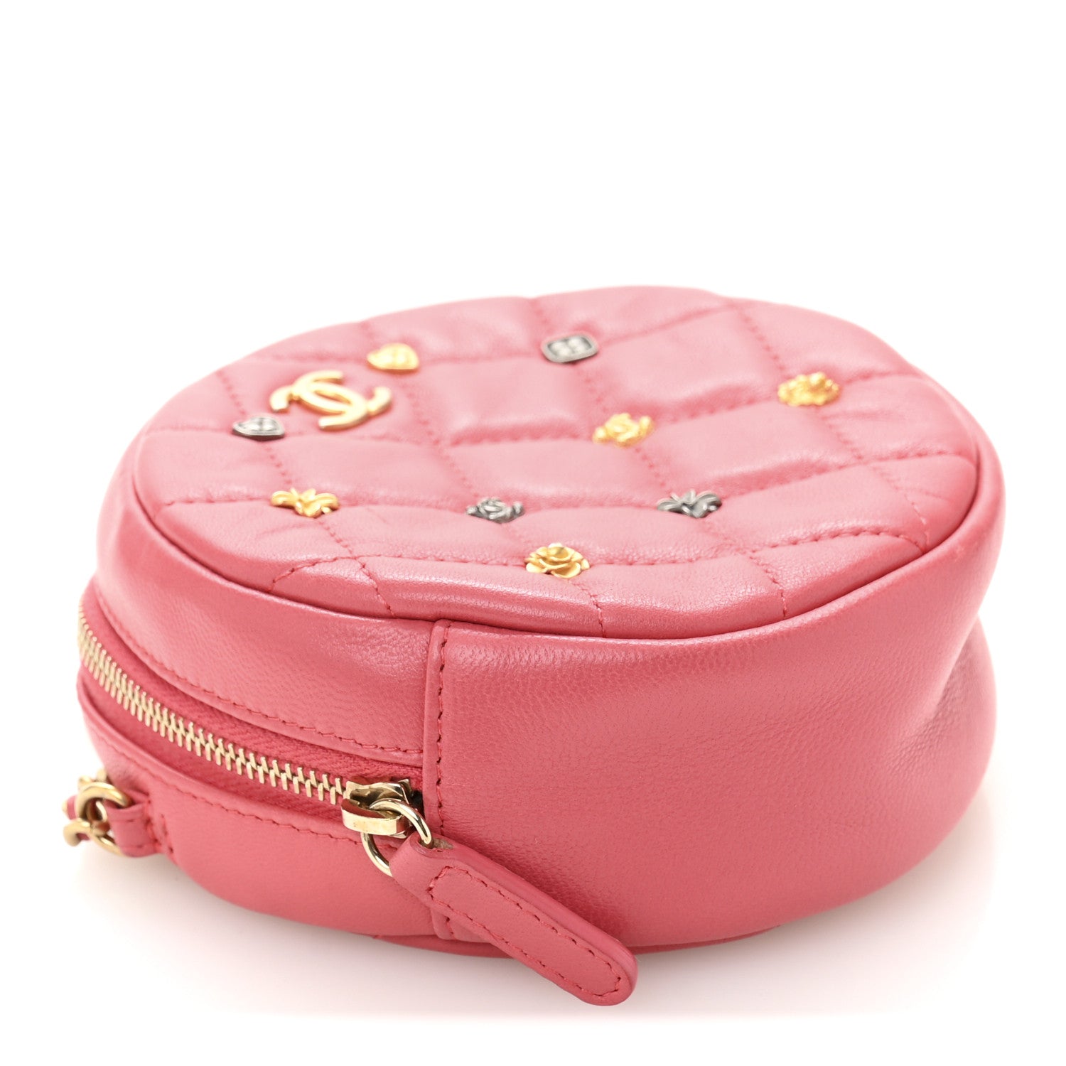 Chanel Lambskin Quilted Studded Round Clutch With Chain Dark Pink 4 of 11