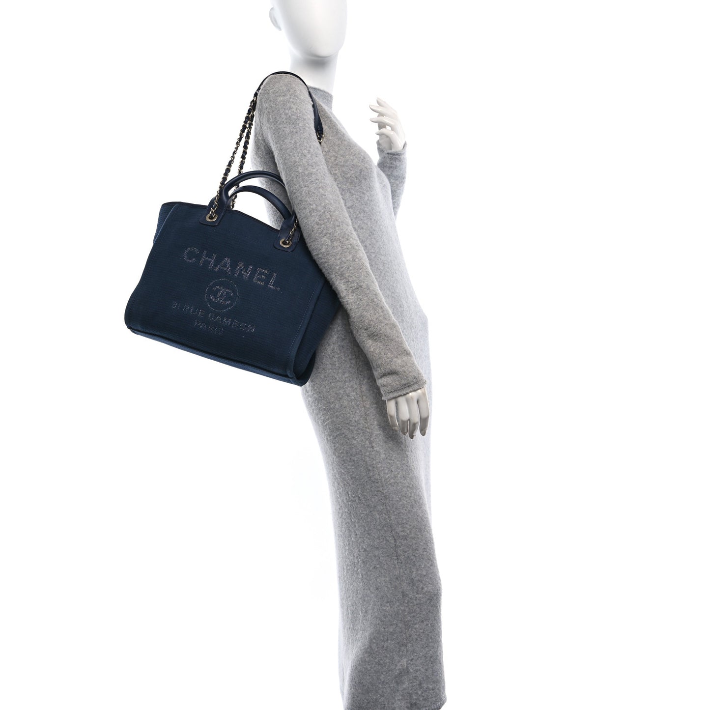 Mixed Fibers Calfskin Medium Deauville Tote Navy Blue