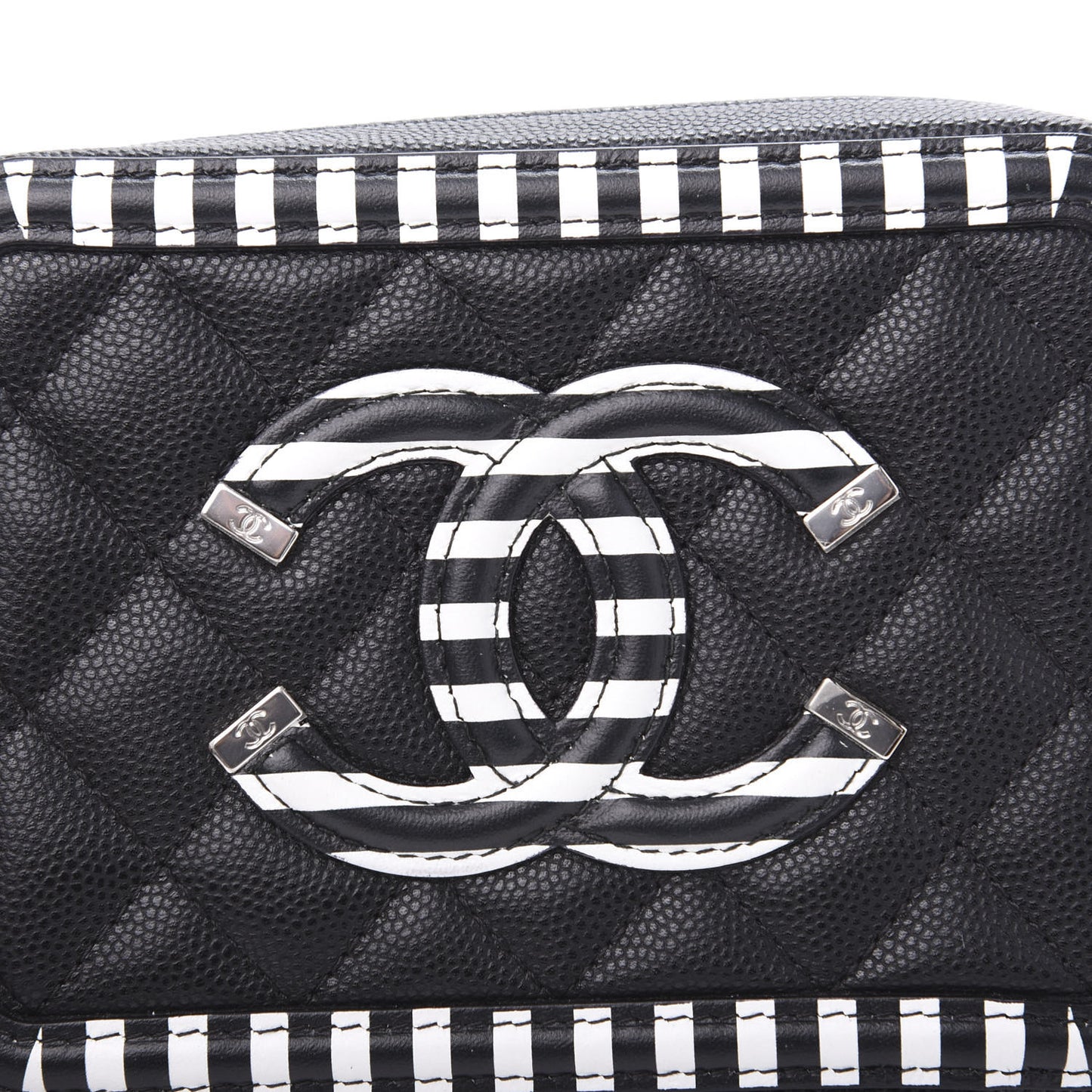 Caviar Quilted Striped Filigree Vanity Clutch With Chain Black White