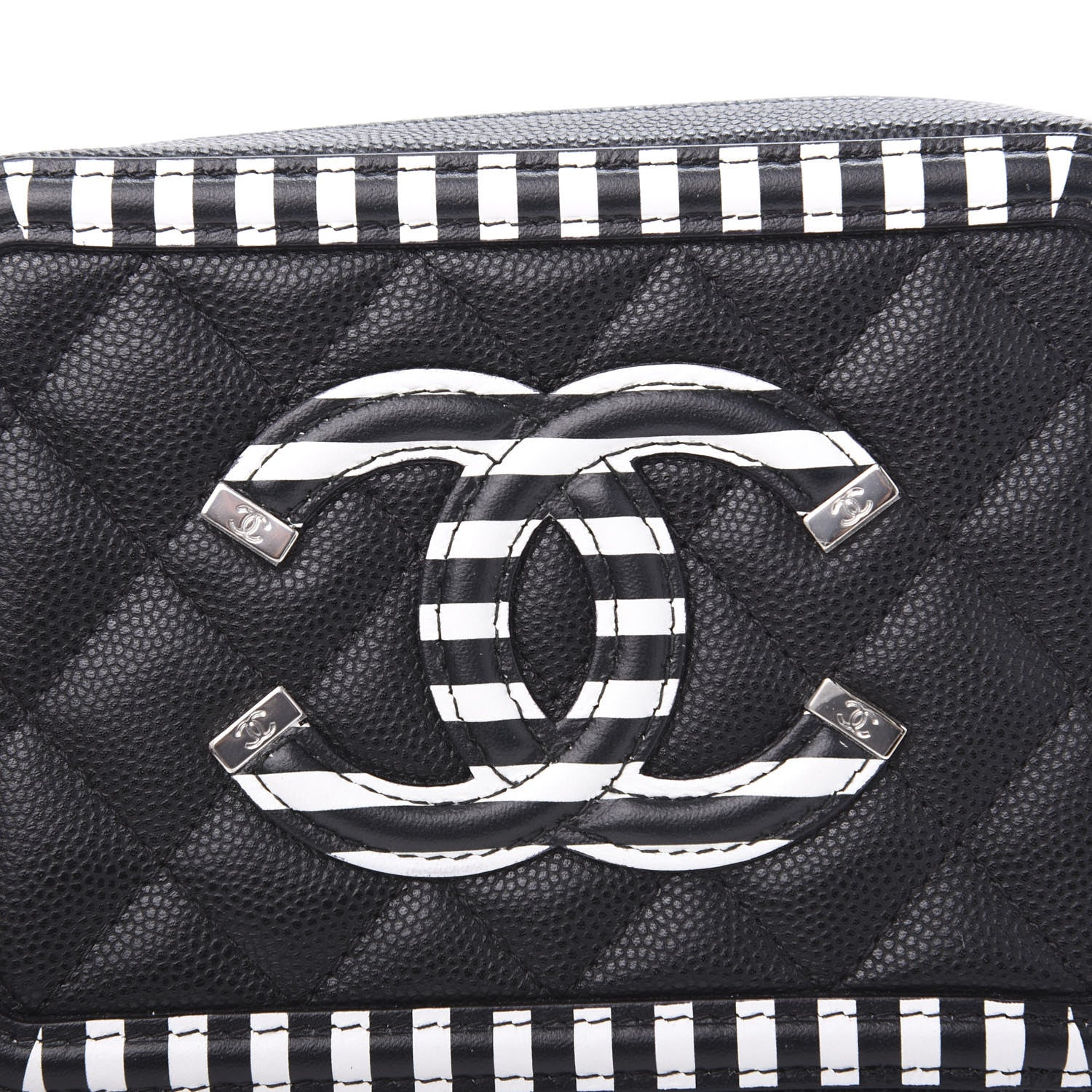 Chanel Caviar Quilted Striped Filigree Vanity Clutch With Chain Black White 8 of 10
