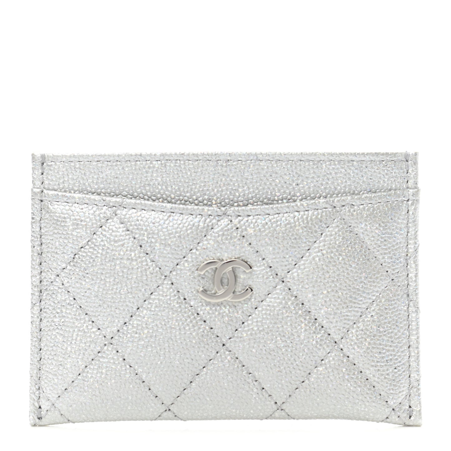 Glittered Metallic Caviar Quilted Card Holder Silver