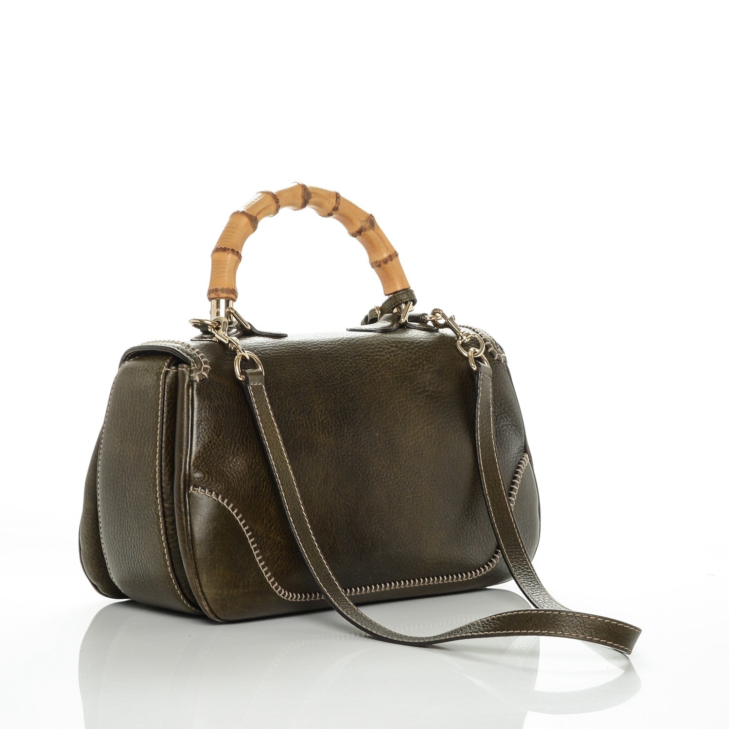 Gucci Calfskin Large New Bamboo Top Handle Bag Olive Green 3 of 9