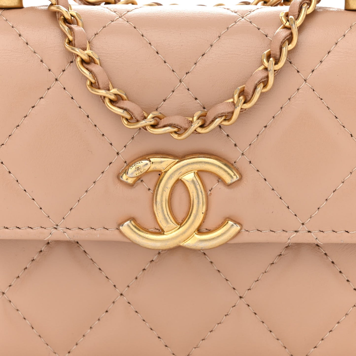Calfskin Quilted Perfect Fit Coin Purse With Chain Beige