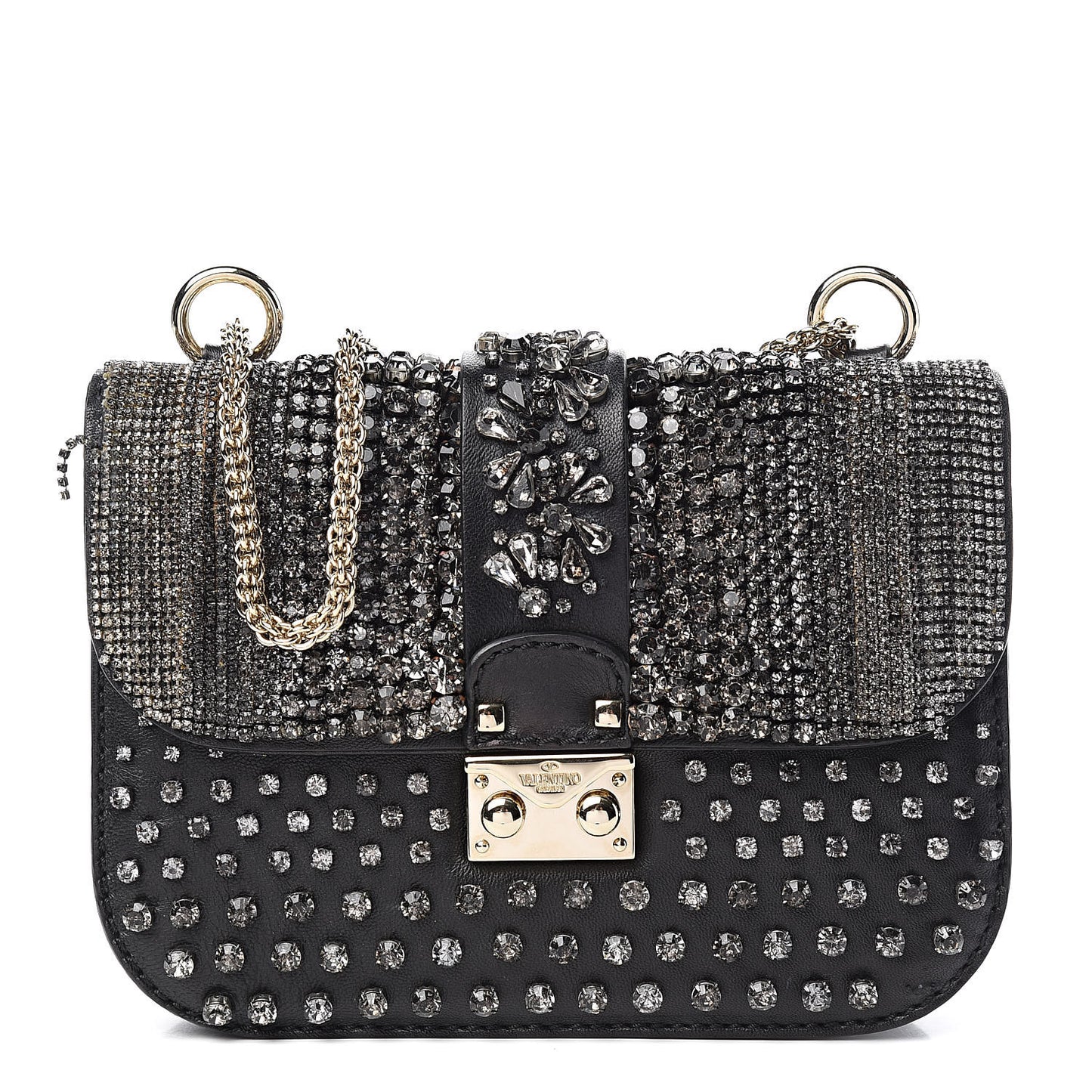 Vitello Crystal Embellished Small Glam Lock Rockstud Flap Black