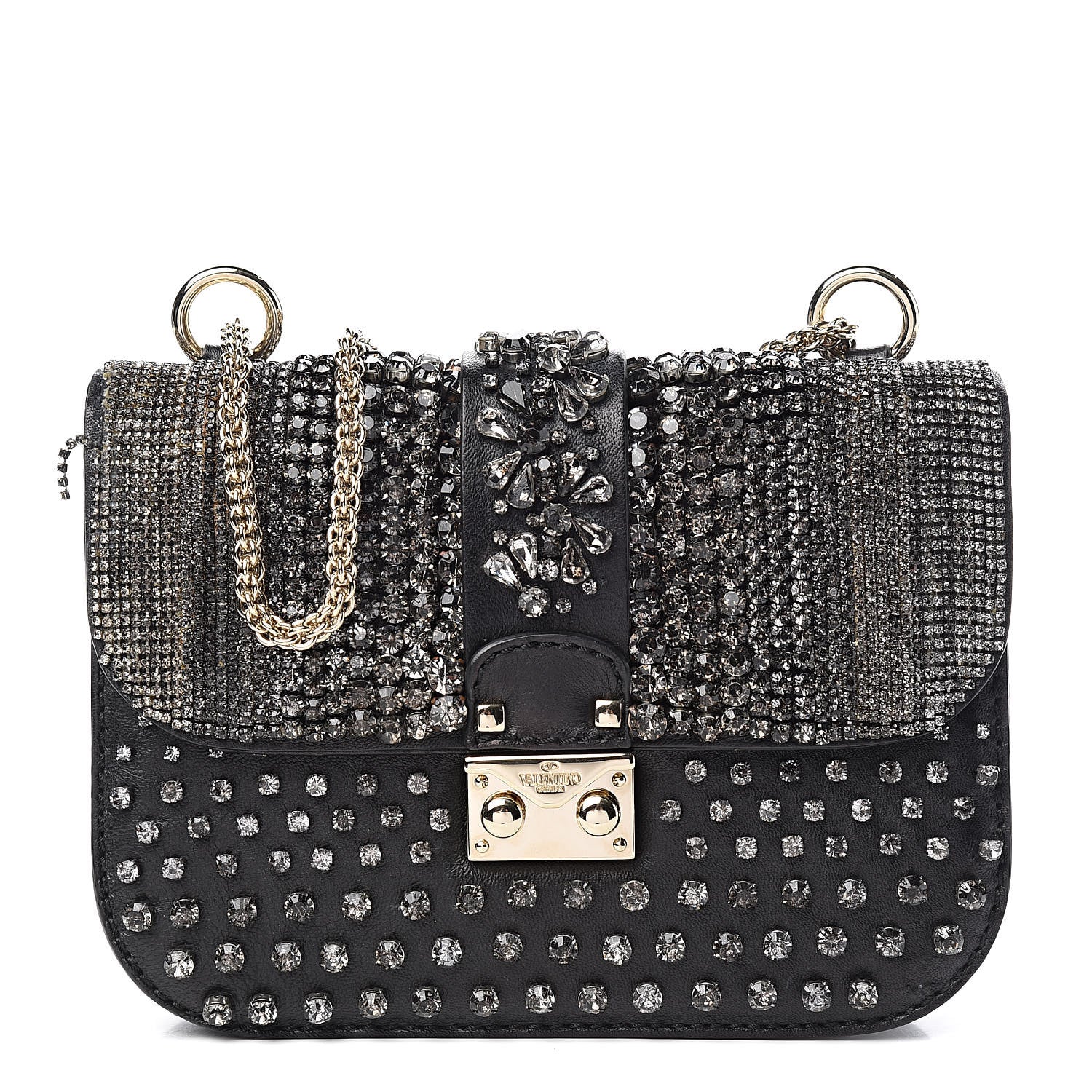 Valentino Garavani Vitello Crystal Embellished Small Glam Lock Rockstud Flap Black 1 of 13