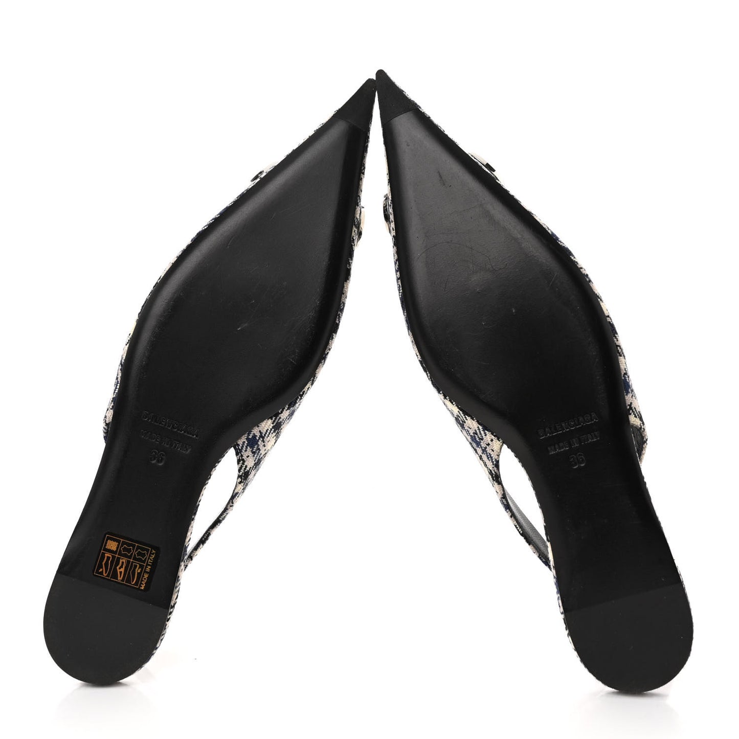 Tweed Prince Of Wales BB Knife Pointy Toe Slingback Flats 36 Beige Navy Silver