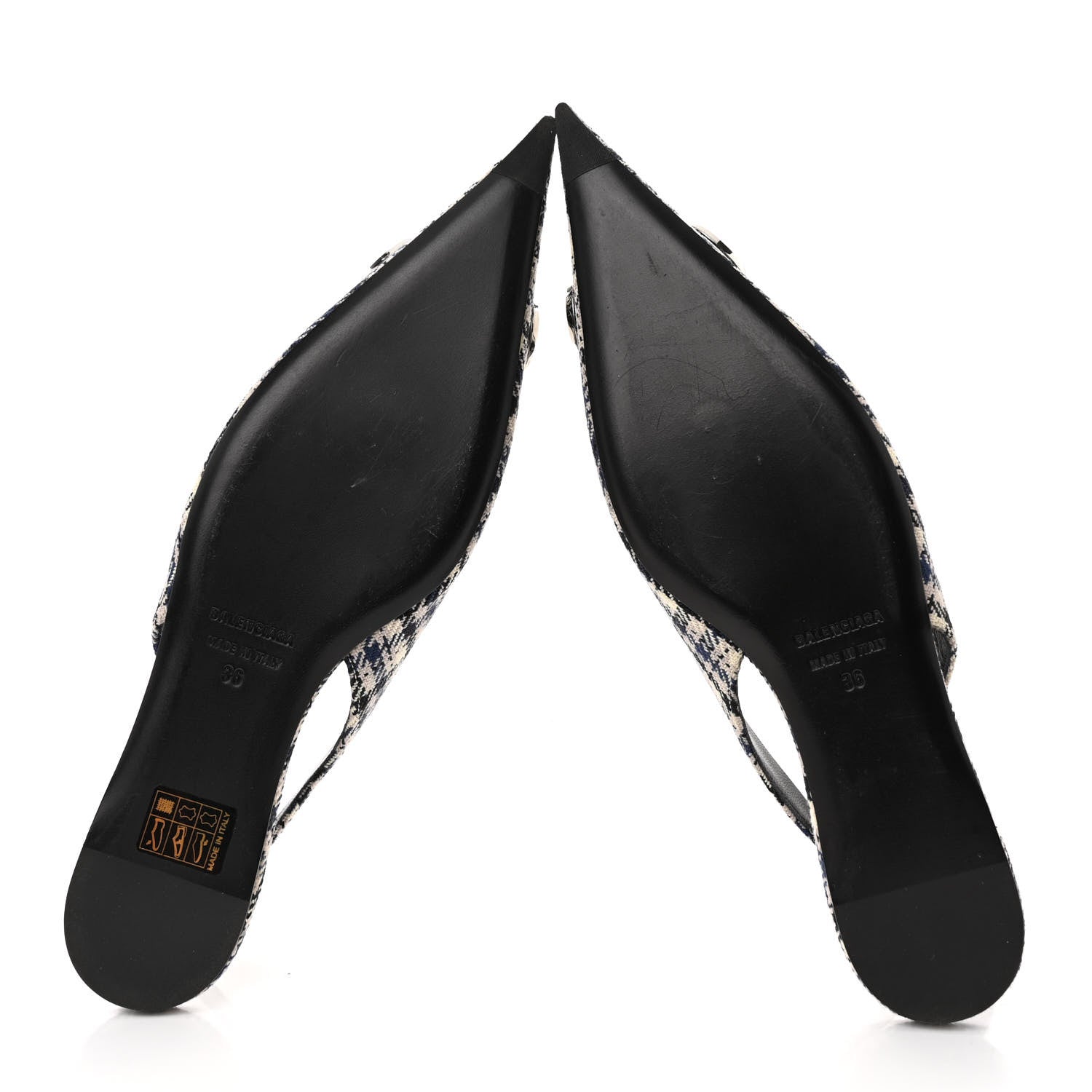 Balenciaga Tweed Prince Of Wales BB Knife Pointy Toe Slingback Flats 36 Beige Navy Silver 5 of 12