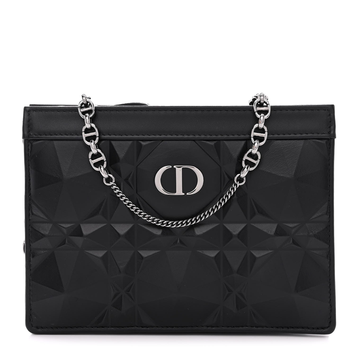 Christian Dior Calfskin Macrocannage Diamond Caro Zipped Pouch With Chain Black 1 of 13
