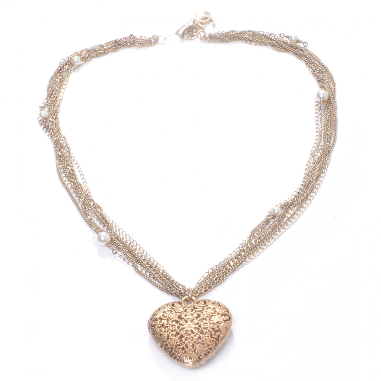 Chanel Gold Pearl Lucky Charms Heart Necklace 3 of 4