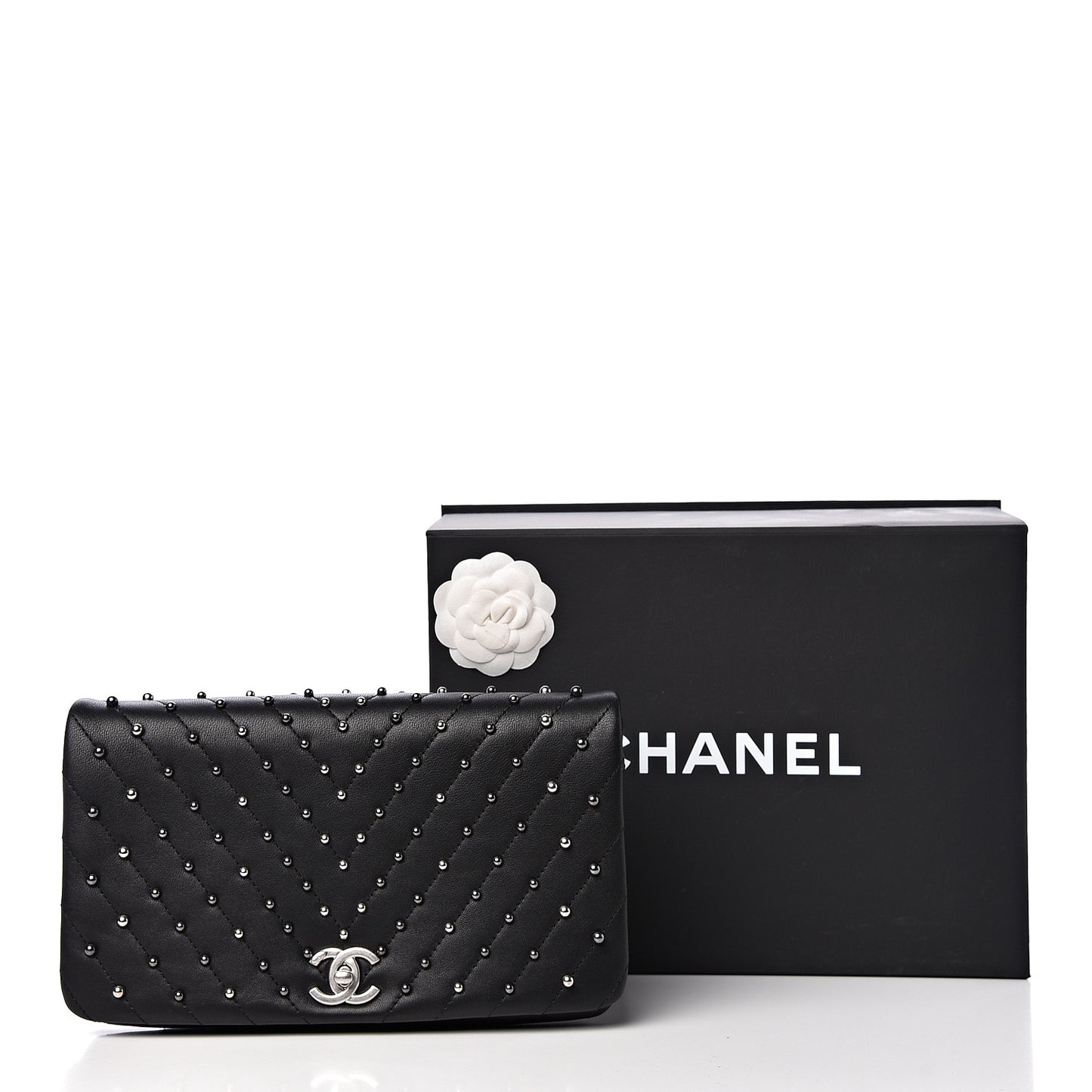 Lambskin Chevron Quilted Studded Stud Wars Flap Clutch Black