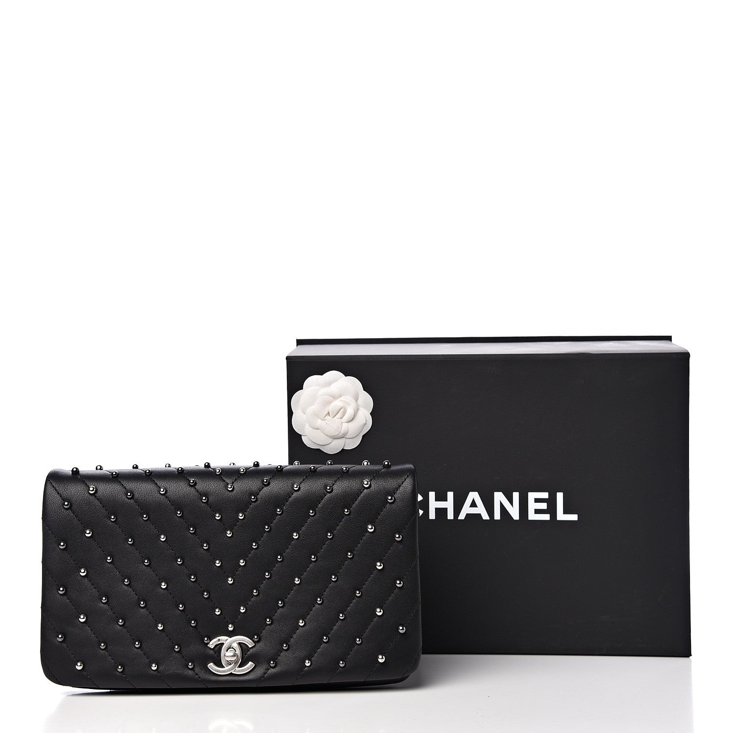 Chanel Lambskin Chevron Quilted Studded Stud Wars Flap Clutch Black 12 of 12