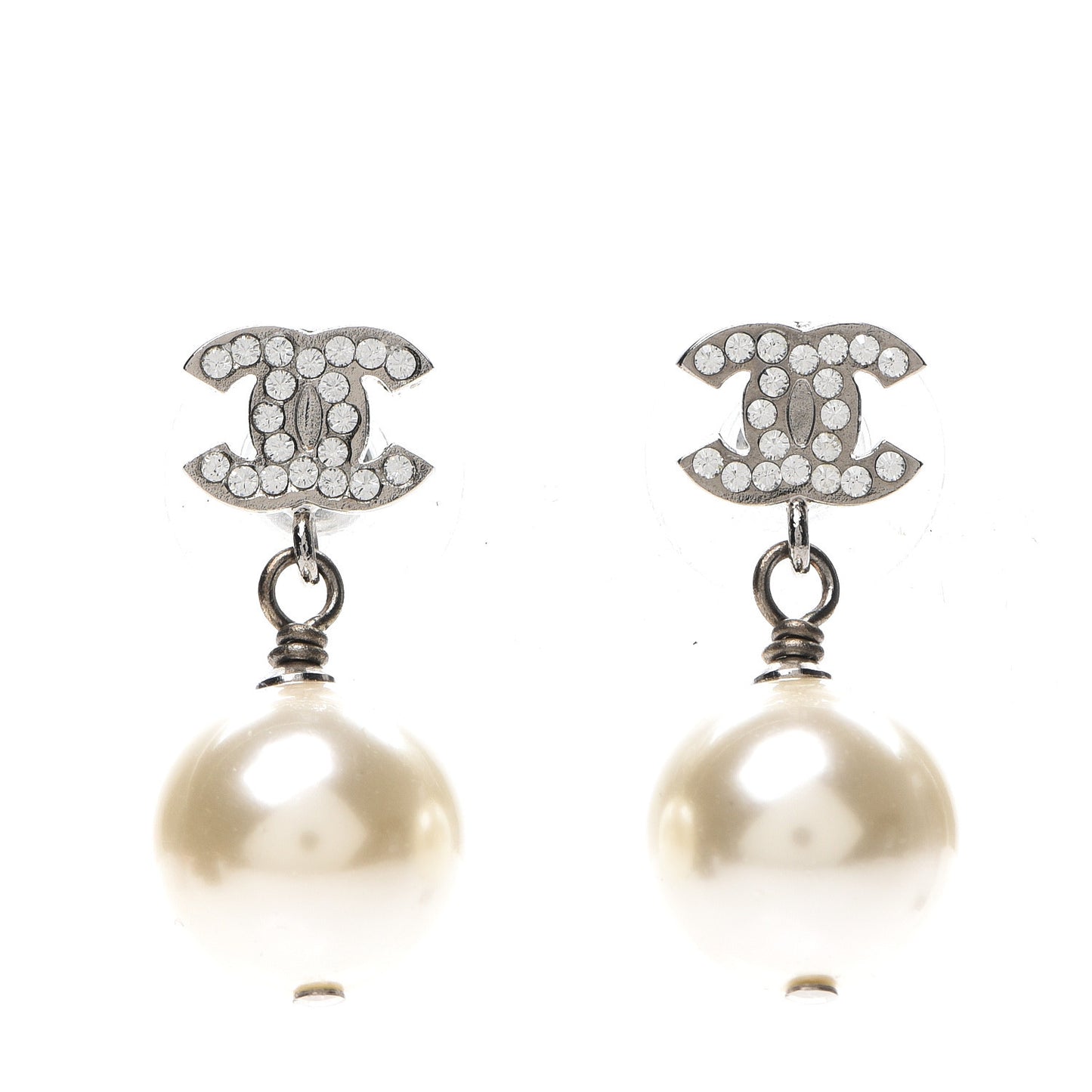 Crystal Pearl CC Drop Earrings Silver Pearly White