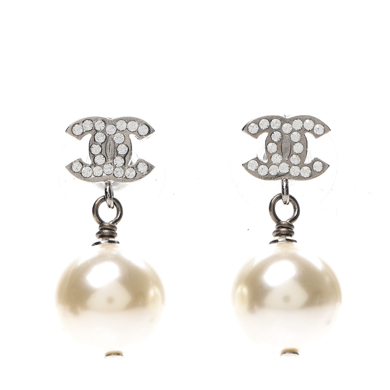 Chanel Crystal Pearl CC Drop Earrings Silver Pearly White 1 of 5
