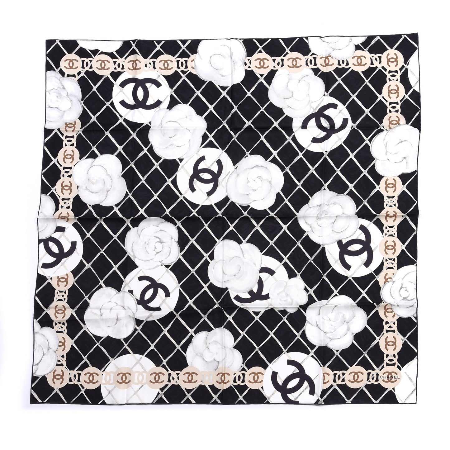 Silk CC Logo Camellia Scarf White Black