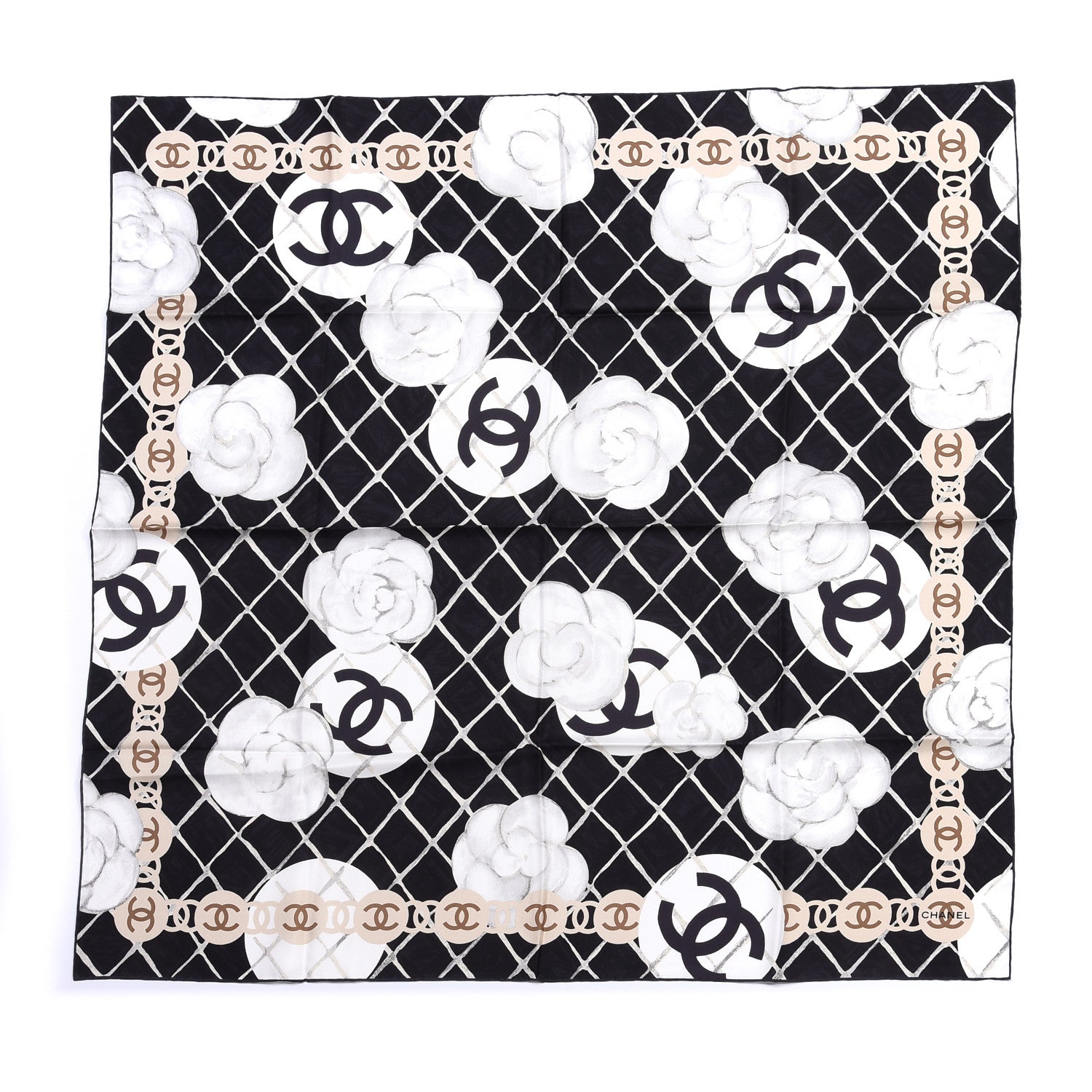 Chanel Silk CC Logo Camellia Scarf White Black 1 of 3
