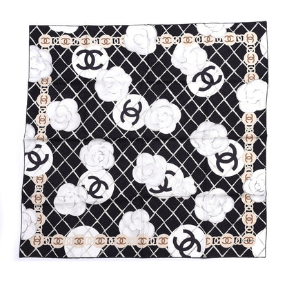 Chanel Silk CC Logo Camellia Scarf White Black 1 of 3