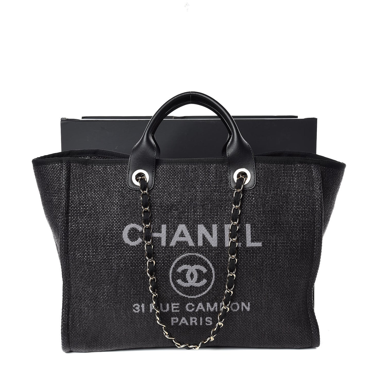 Woven Straw Raffia Large Deauville Tote Black