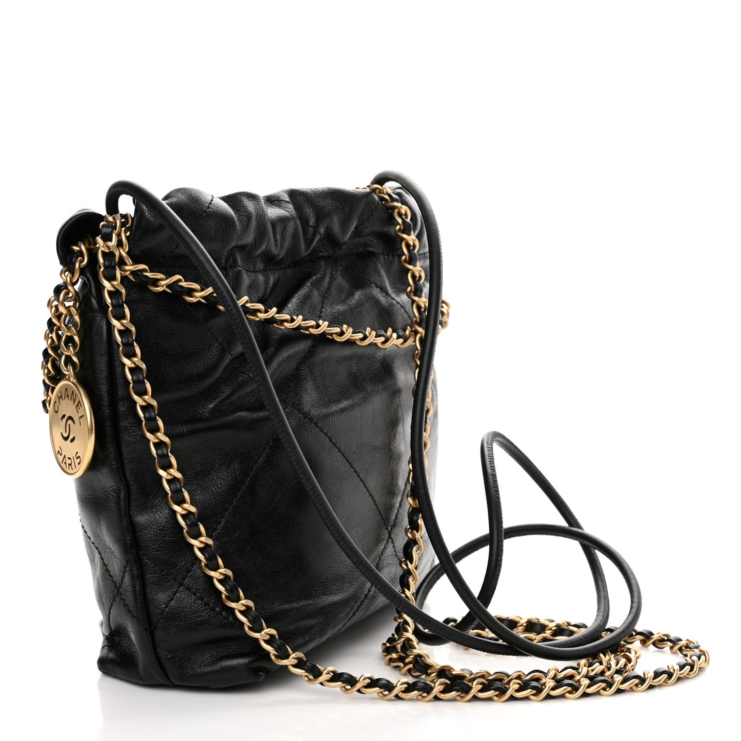 Shiny Crumpled Calfskin Quilted Pearl Mini Chanel 22 Black