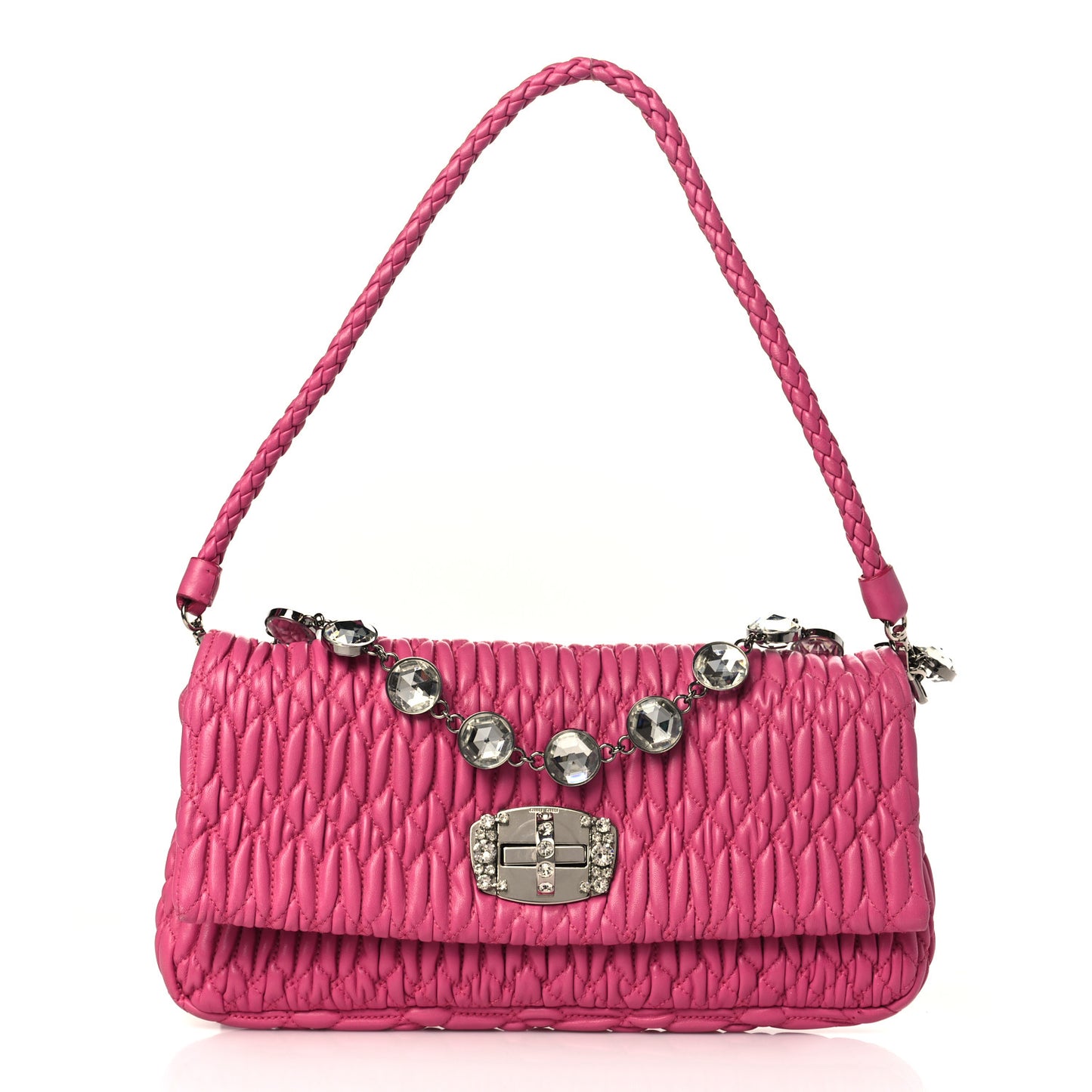 Nappa Matelasse Crystal Flap Clutch Fuxia