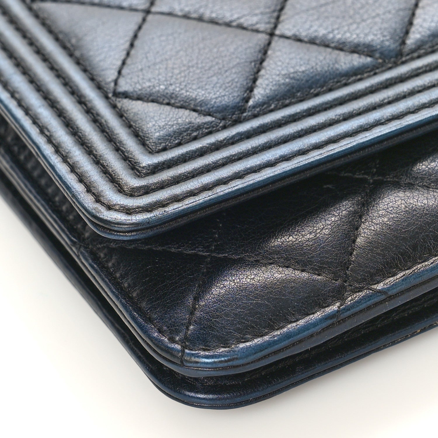 Chanel Metallic Calfskin Quilted Boy Wallet On Chain WOC Navy Blue 10 of 11