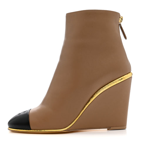 Lambskin Cap Toe Open Wedge Ankle Boots 38.5 Beige Black