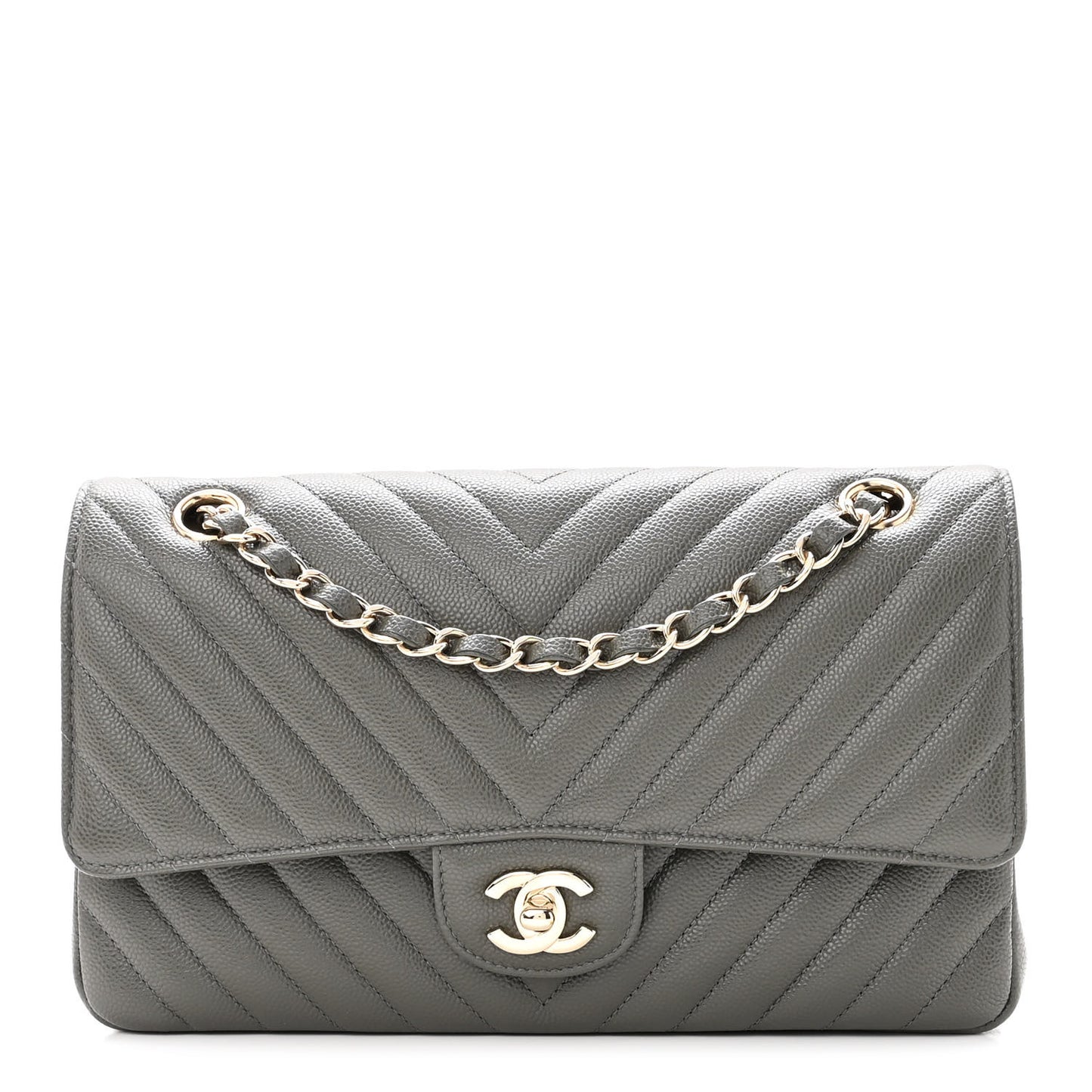 Caviar Chevron Quilted Medium Double Flap Dark Grey