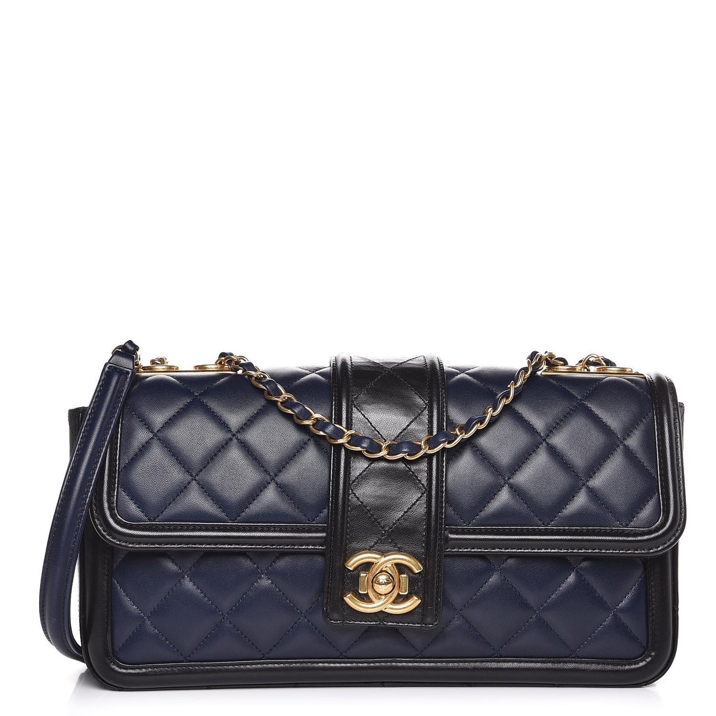 Calfskin Quilted Large Elegant CC Flap Navy Black