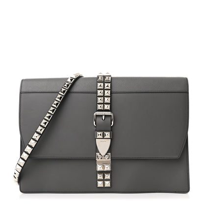 Prada Saffiano City Calfskin Studded Large Elektra Shoulder Bag Mercurio Black 1 of 14