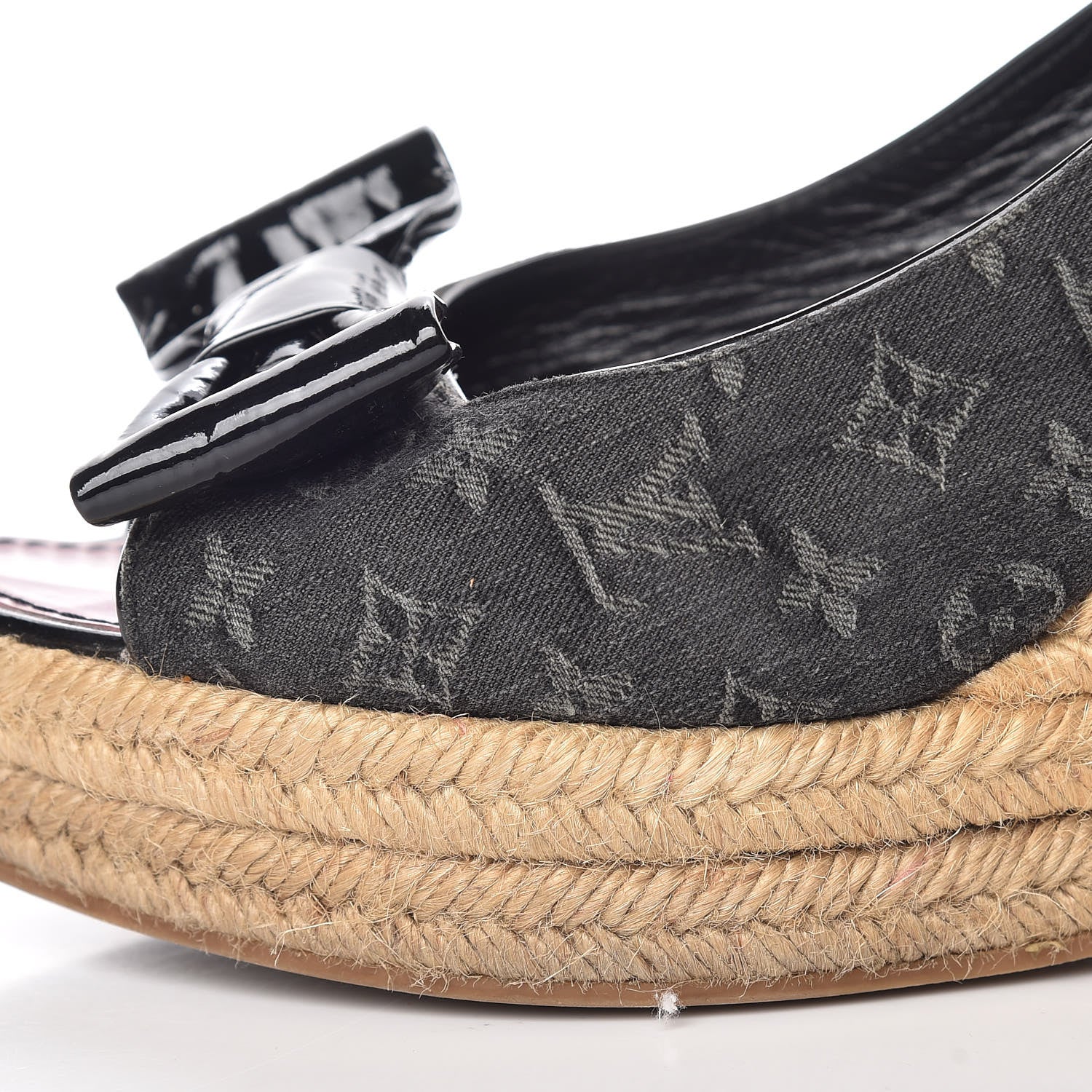 Louis Vuitton Denim Patent Monogram Bow Espadrille Wedges 38.5 Black 11 of 23
