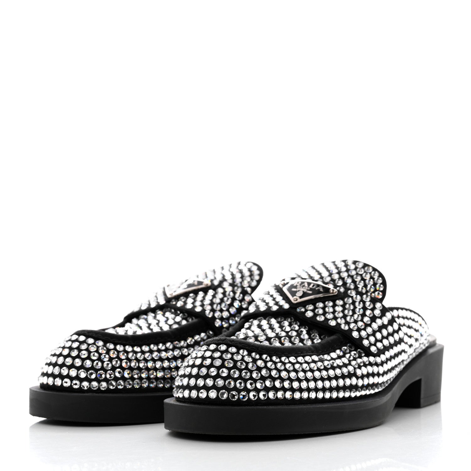 Prada Satin Crystal Metal Triangle Logo 40mm Loafer Mules 38.5 Cristal 3 of 8