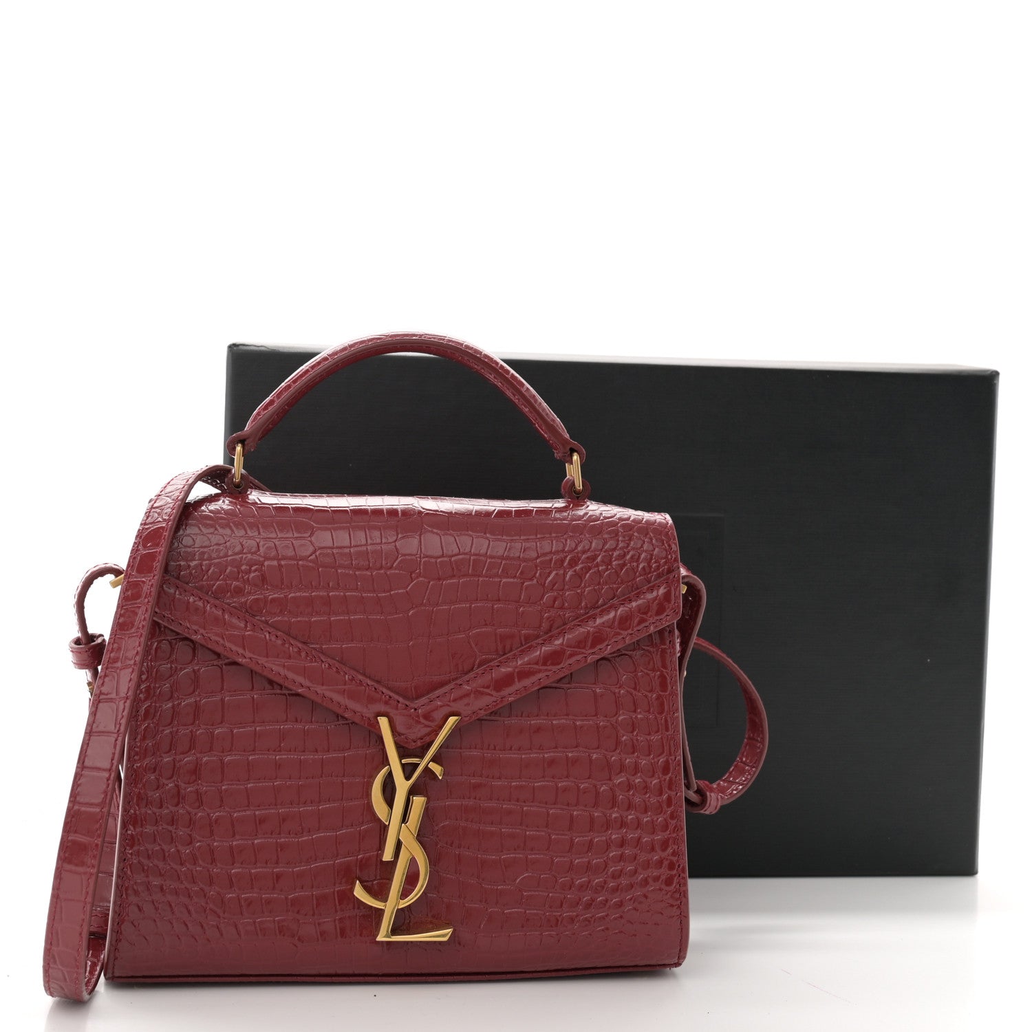 Saint Laurent Calfskin Crocodile Embossed Mini Classic Monogram Cassandra Top Handle Red 10 of 10