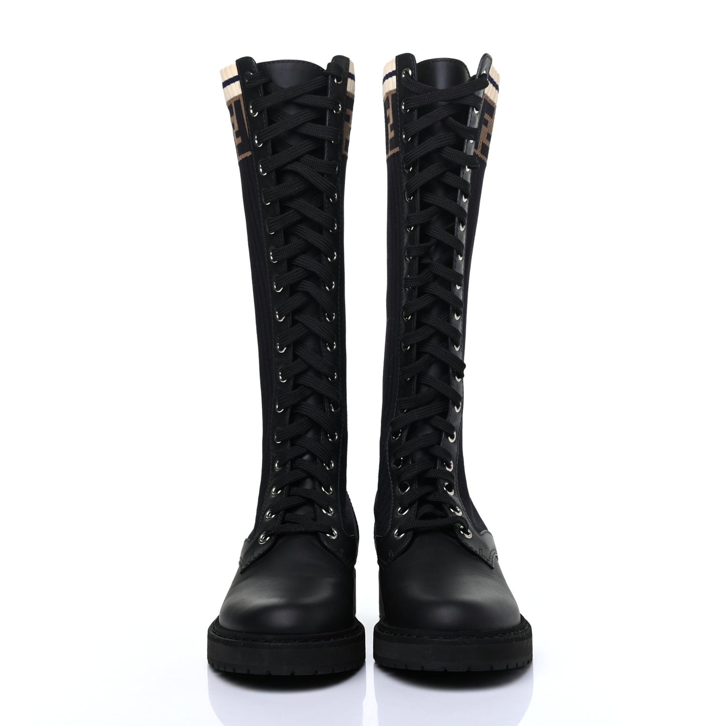Calfskin Stretch Fabric FF Rockoko Tall Biker Boots 35 Tobacco Black Marino