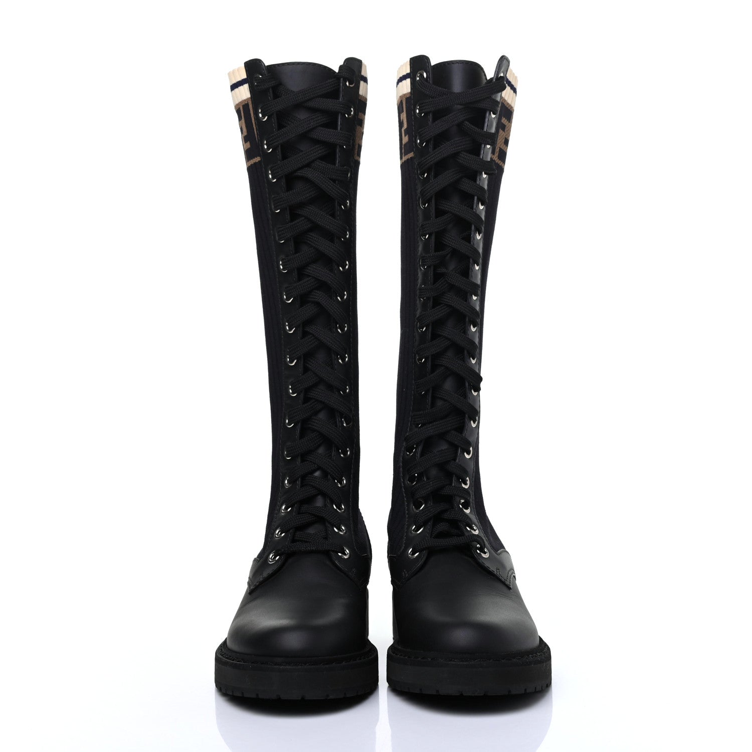 Fendi Calfskin Stretch Fabric FF Rockoko Tall Biker Boots 35 Tobacco Black Marino 2 of 10