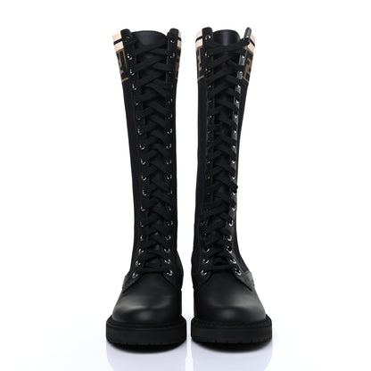 Fendi Calfskin Stretch Fabric FF Rockoko Tall Biker Boots 35 Tobacco Black Marino 2 of 10