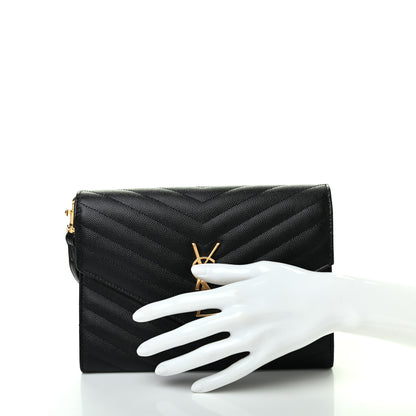 Saint Laurent Grain De Poudre Matelasse Chevron Monogram Envelope Clutch Black 2 of 7
