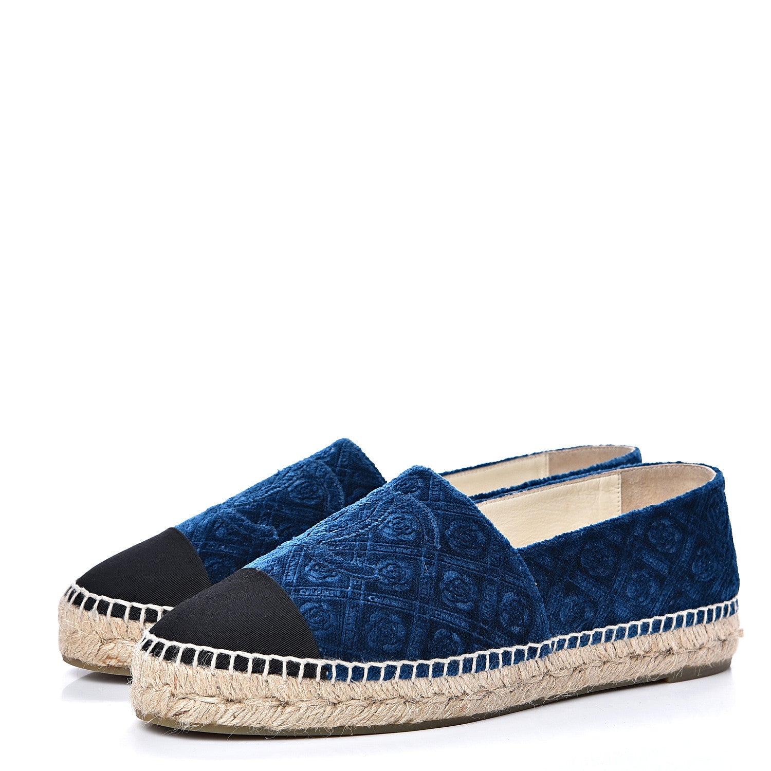Chanel Velvet Grosgrain Quilted Camellia CC Espadrilles 40 Navy Black 3 of 11