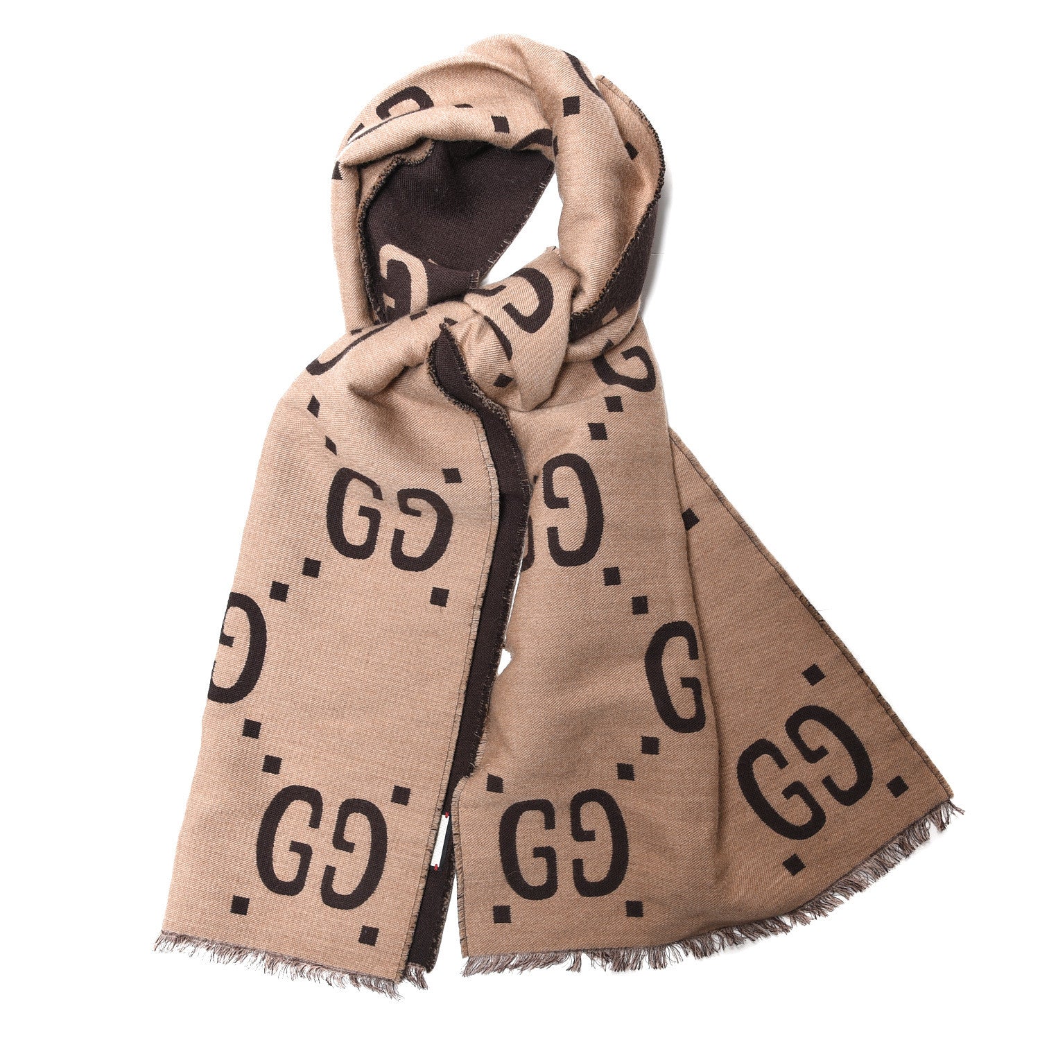 Gucci Wool Silk Monogram Jumbo GG Freedom Scarf Dark Brown Beige 1 of 3