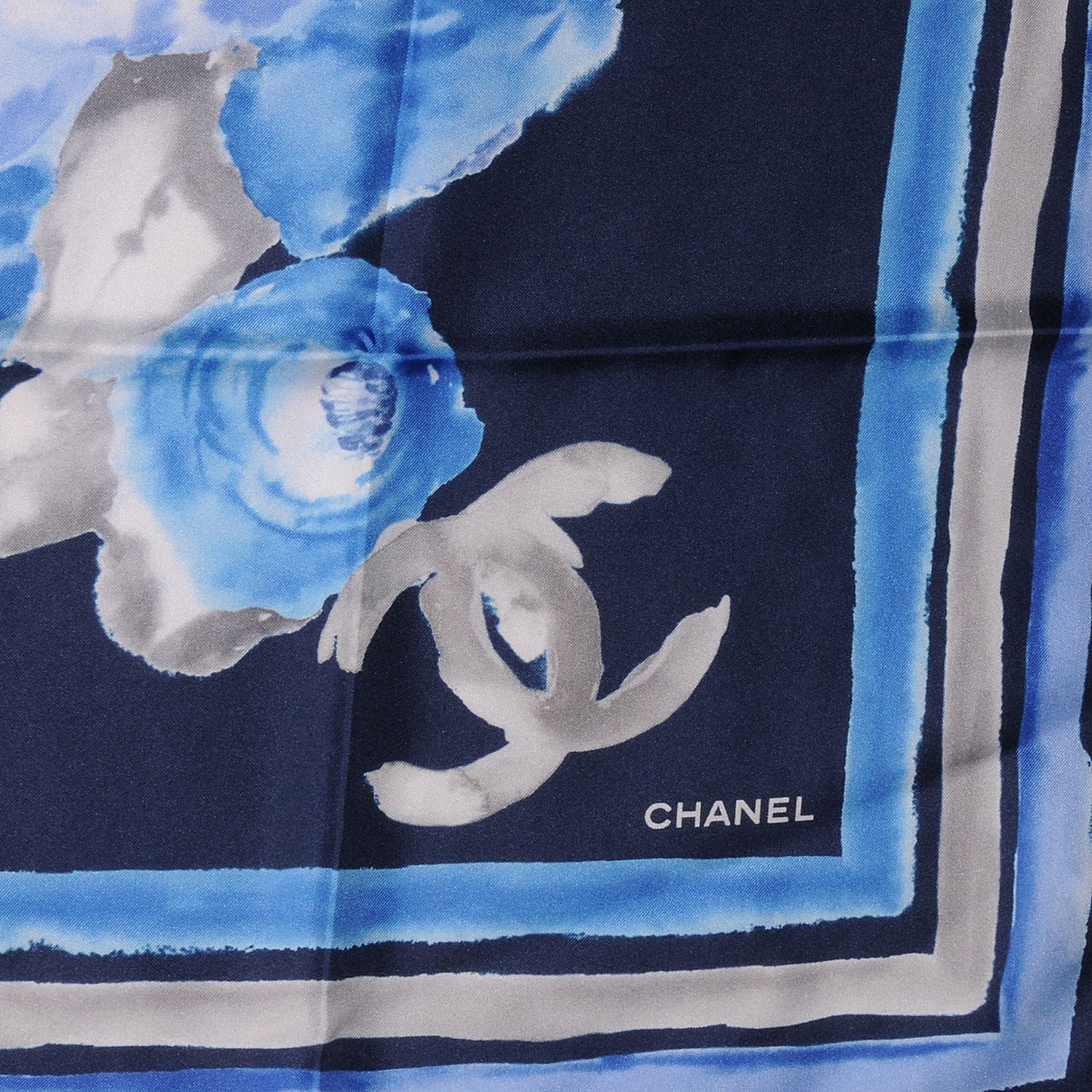 Silk CC Watercolor Camellia Flower Scarf Blue