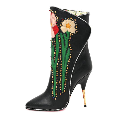 Gucci Calfskin Floral Crystal Embroidered Fosca Boots 38 Black 1 of 9